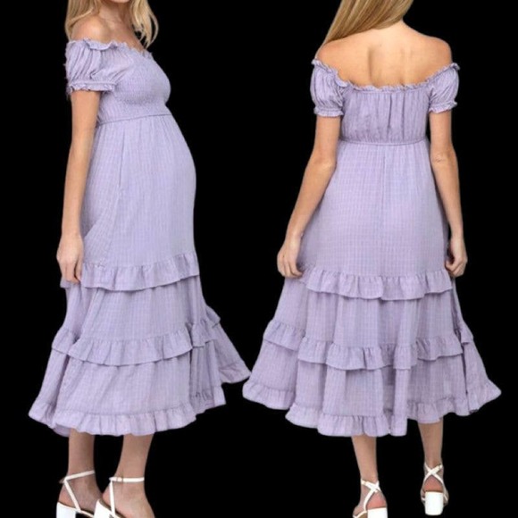 Pinkblush Lavender Smocked Ruffle Maternity Midi Dress Size M - Picture 7 of 9